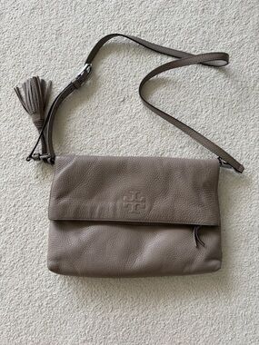 Tory Burch Taupe Fold-Over Leather Crossbody with Tassel